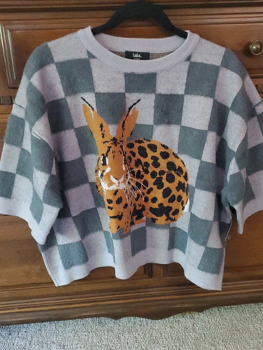 Lala Fur Real Checkerboard Sweater with Leopard Rabbit Motif - Gray & Lavender - Picture 4 of 7